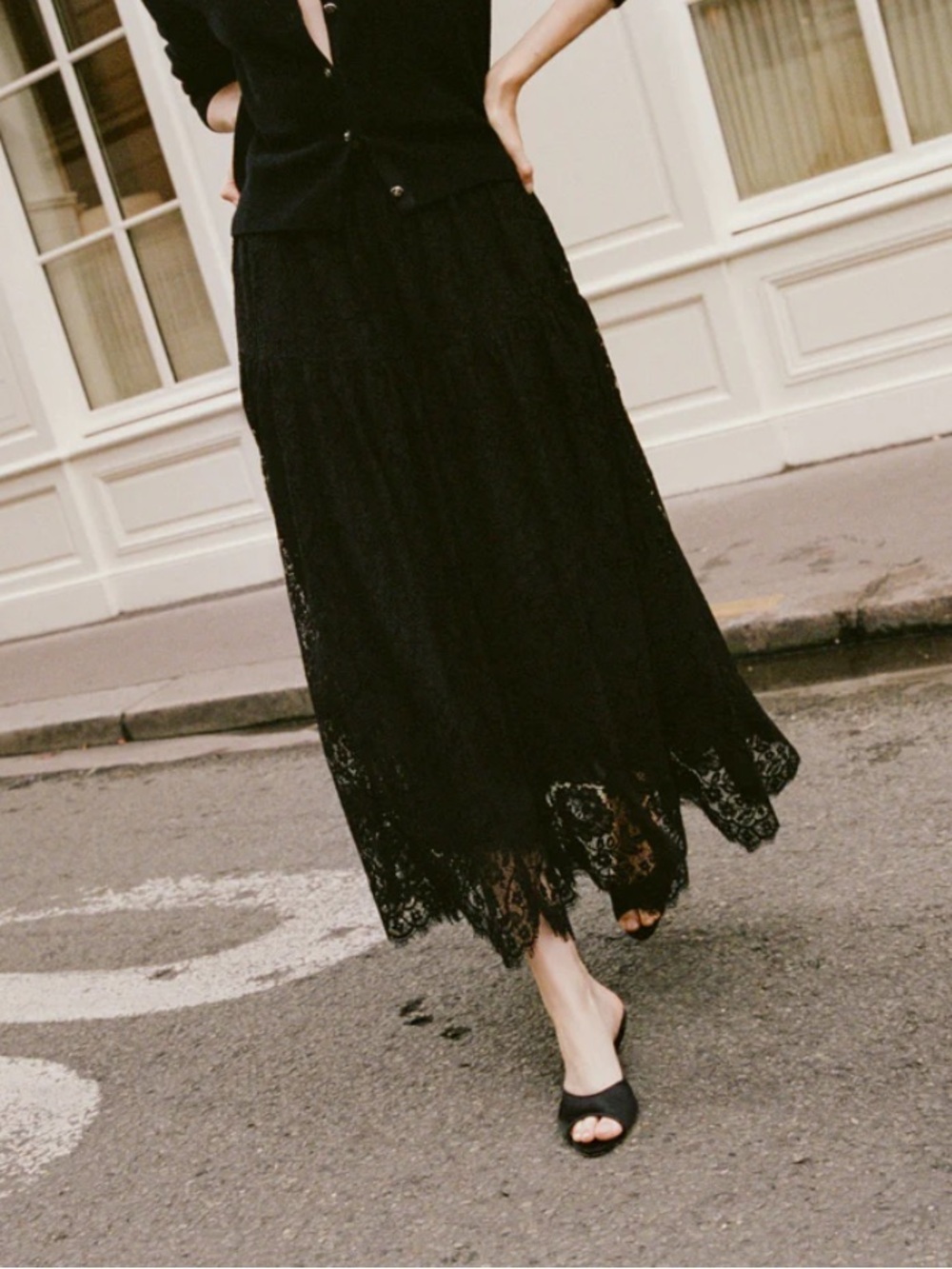 Doen Sebastiane Lace Cotton A Line Trim Tiered Midi Maxi Long Skirt Black